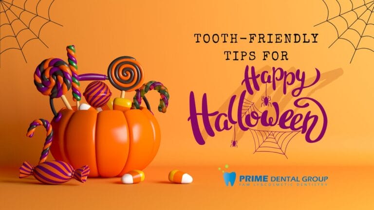 Halloween-themed pumpkin filled with tooth-friendly candies alongside Prime Dental Group logo.