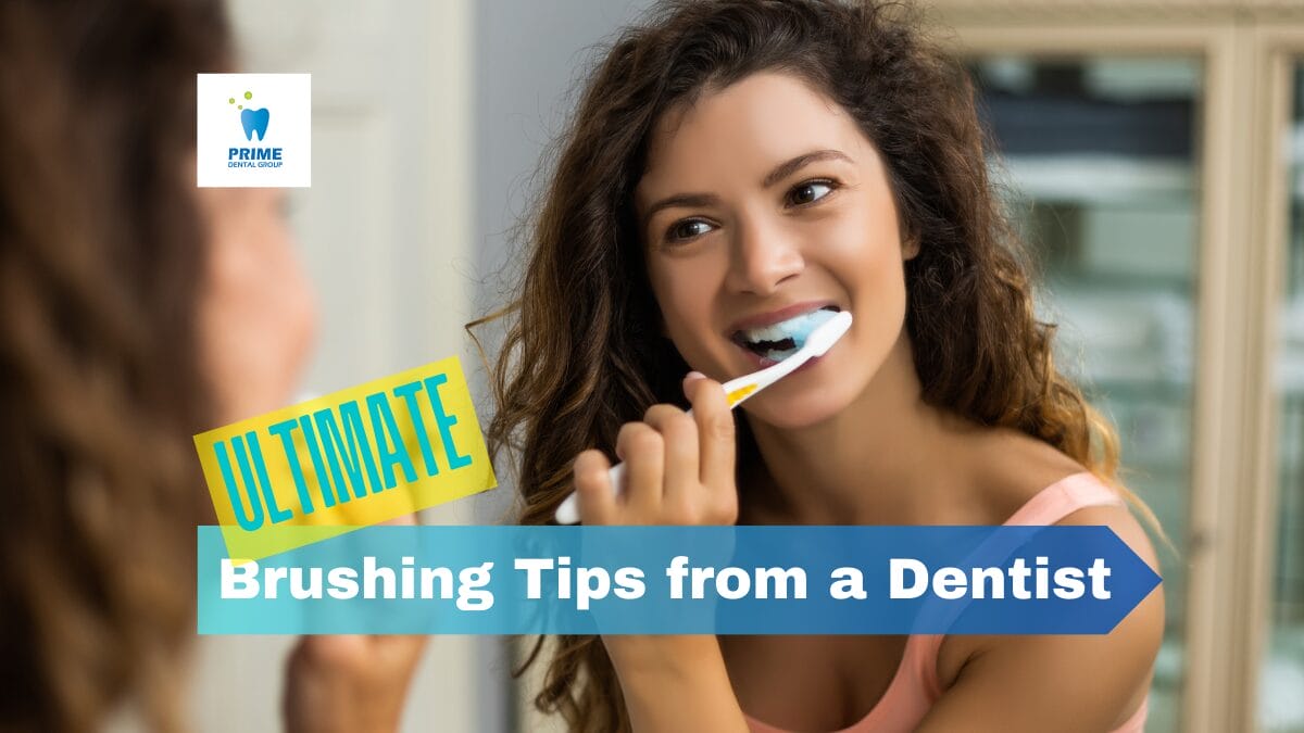 Woman brushing teeth with a toothbrush, demonstrating dentist-recommended techniques.