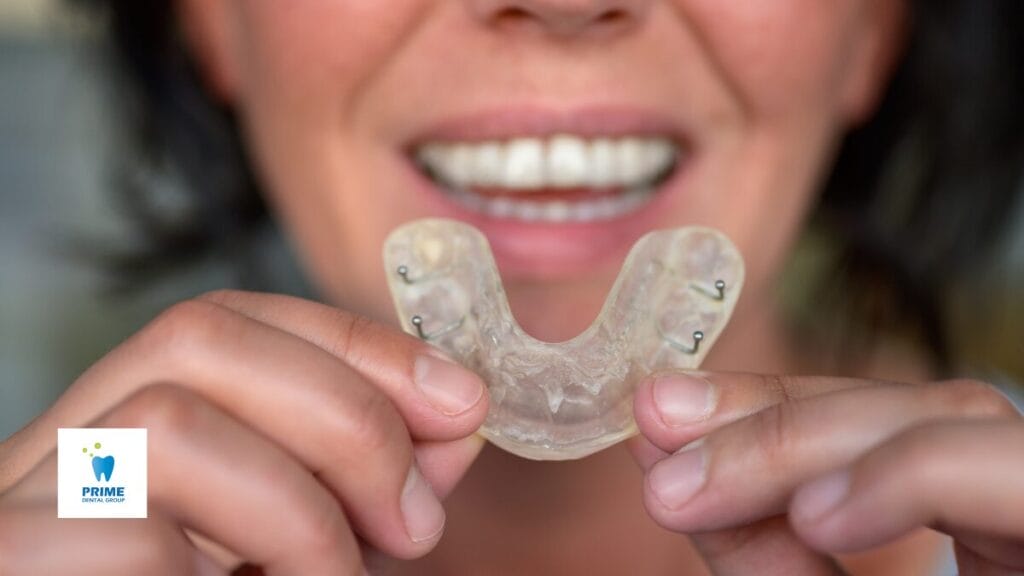 Woman holding a mouthguard with a smile, showing dental relief option.