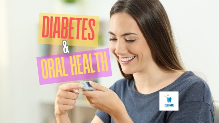 Woman checking blood glucose with a smile, highlighting diabetes and oral health